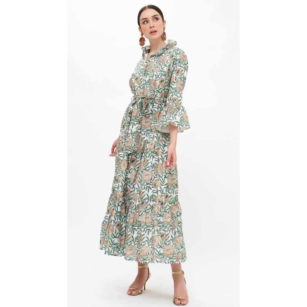 Oliphant Ruffle Collar Bell Maxi Dress in Hedera Green size L large
